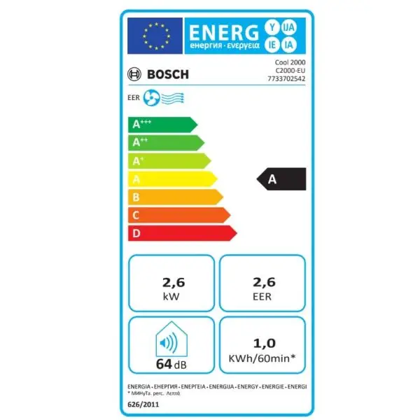 Aer Conditionat Portabil Bosch Cool 2000 9000BTU, Functie dezumidificare, Clasa A, alb